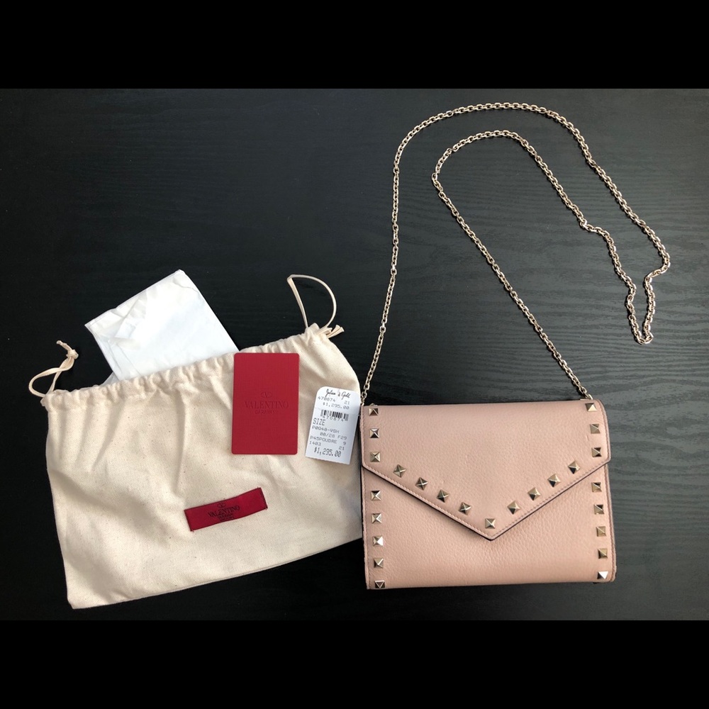 Rockstud V-Flap Calfskin Leather Wallet on a Chain